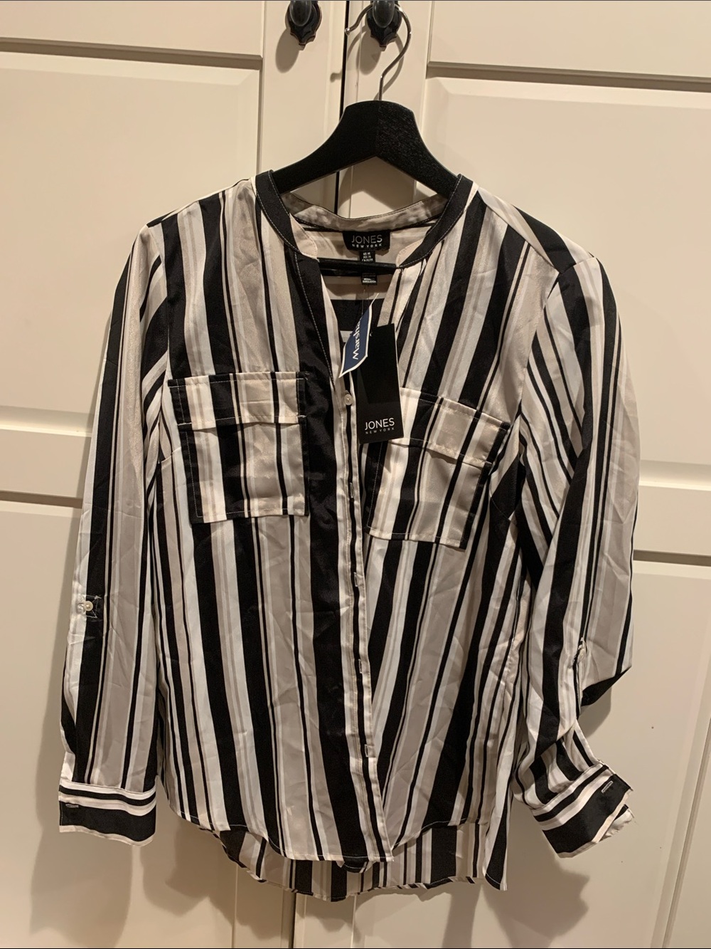 Jones New York Black and White Vertical Stripe Blouse